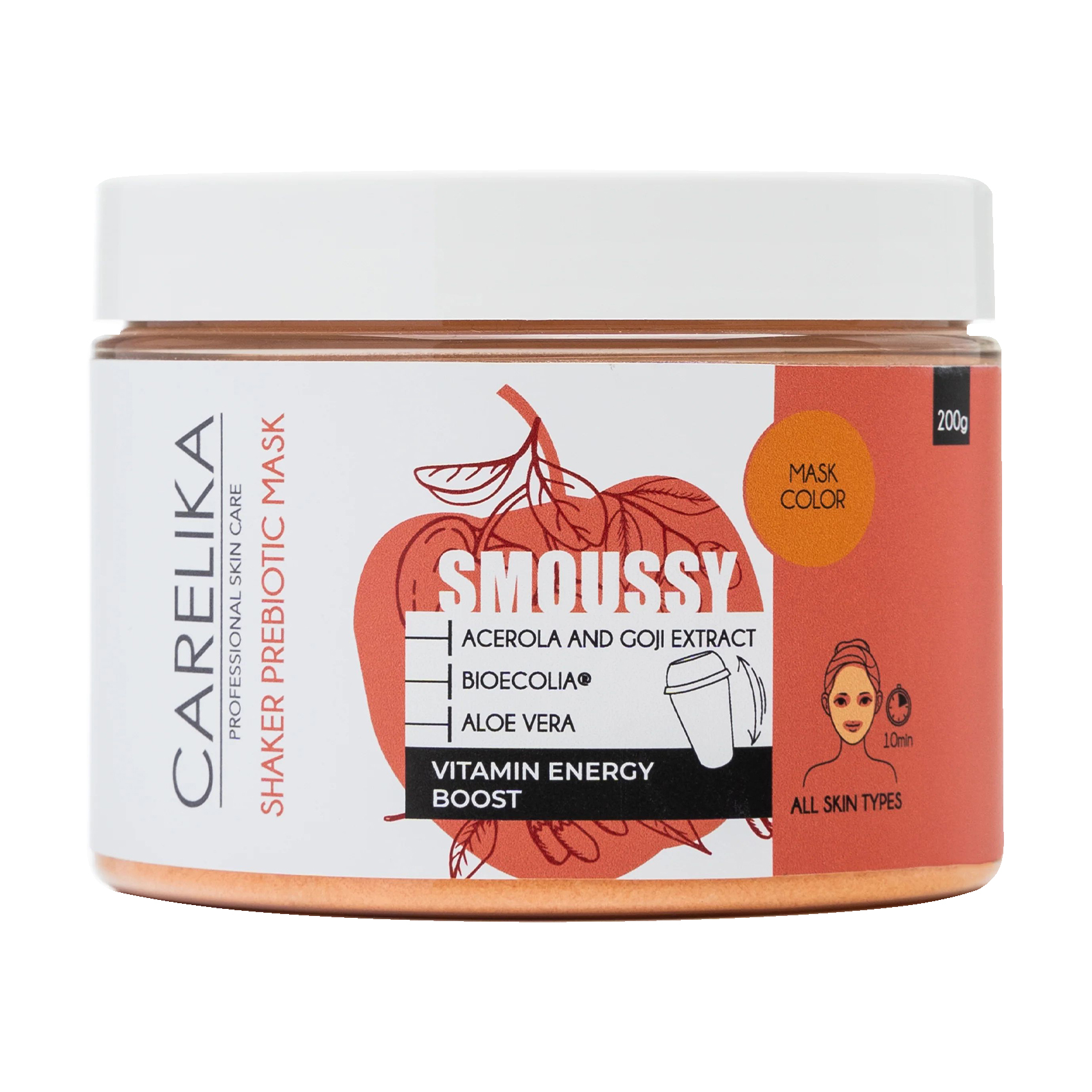 Маска-шейкер для обличчя Carelika Smoussy Shaker Prebiotic Mask Acerola And Goji Extract на основі пребіотиків з екстрактом ацероли та годжі, 200 г